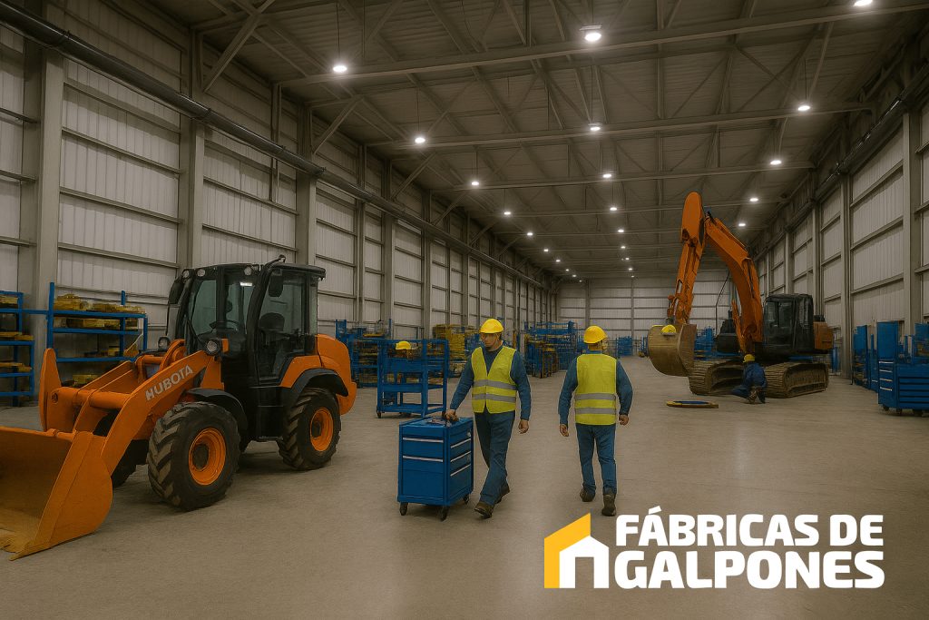 En la imagen se ve a trabajadores y maquinarias trabajando en una nave industrial
