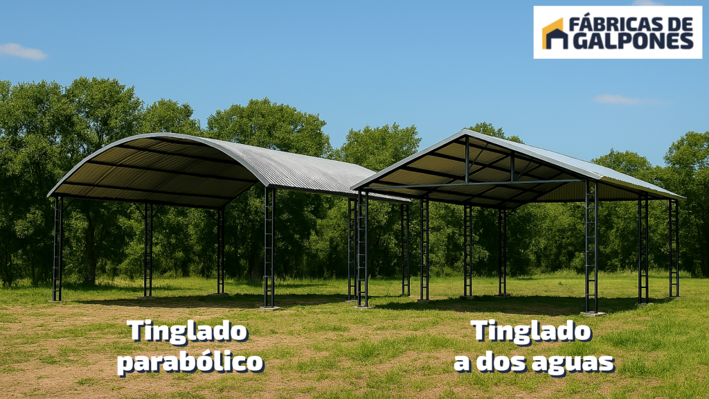 Foto que a dos tinglados, uno parabolico y otro a dos aguas para mostrar las diferencias en los techos.