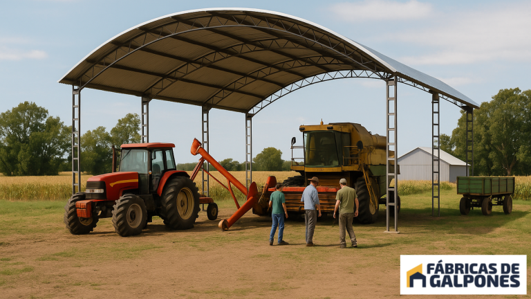 En la imagen se ve a hombres cerca de maquinarias agricolas bajo un tinglado parabolico
