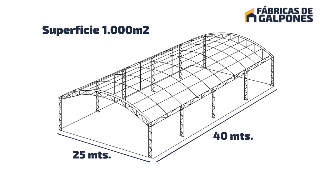 La imagen muestra un plano de un tinglado parabolico de una superficie de 1000 metros cuadrados para que el usuario tenga como referencia