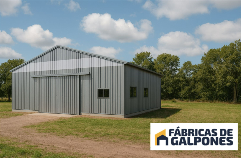 En la imagen se ve un galpon con portones y ventanas en una zona rural con arboles