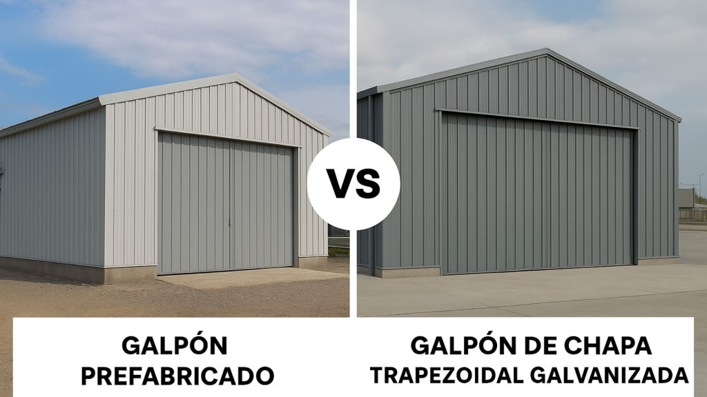 En la imagen se ve un galpon prefabricado en comparativa con un galpon de chapa. Ambos desde su exterior