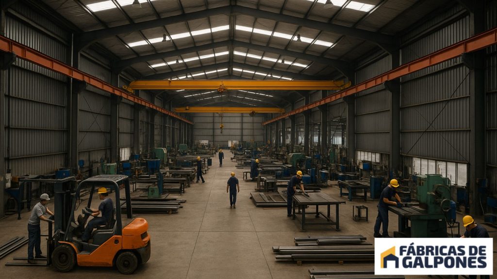 En la imagen se ve un galpón industrial que se usa para una metalurgica con operarios y maquinarias
