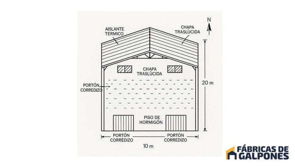 En la imagen se ve el plano de un galpon desde arriba