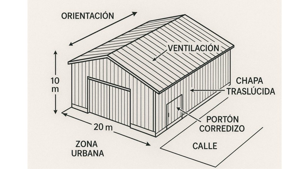 En la imagen se ve un diseño de galpón en un plano