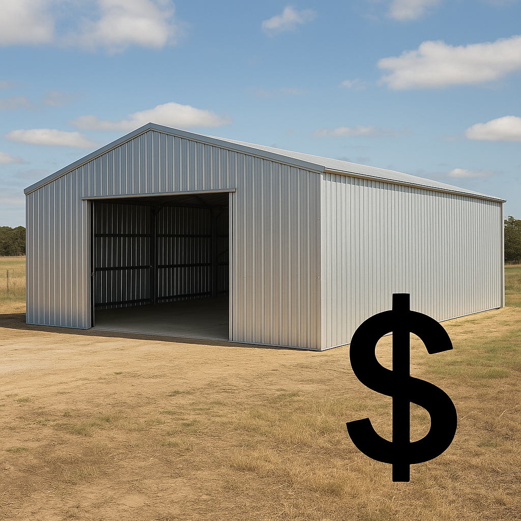 En la imagen se ve un galpon con chapa galvanizada junto a un signo $ que representa precio