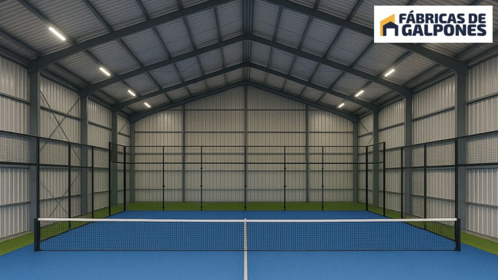 En la imagen se ve un galpon para canchas de padel cubierto