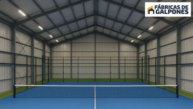 En la imagen se ve un galpon para canchas de padel cubierto
