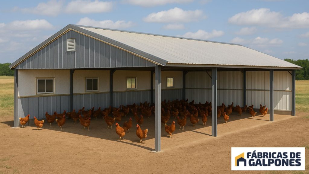 En la imagen se ve un galpón para gallinas ponedoras semiabierto