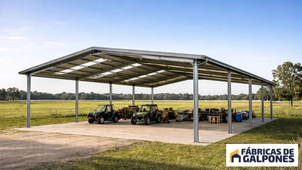 En la imagen se ve un tinglado moderno en un campo desde el exterior
