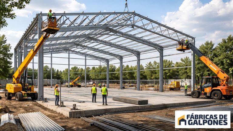 En la foto se ve el montaje de una estructura del tinglado