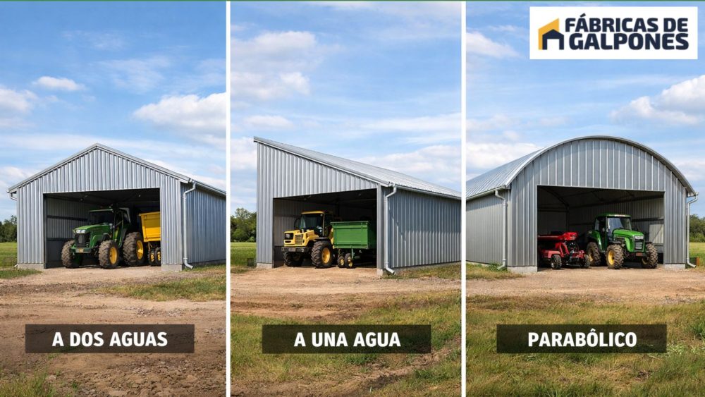 En la imagen se ve 3 tipos de galpones con 3 techos distintos: A un agua, a dos aguas y parabolico.