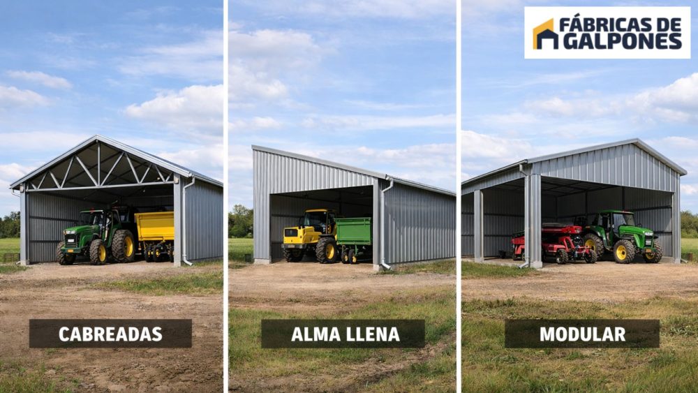 En la imagen se ve 3 tipos de galpones segun su estructura