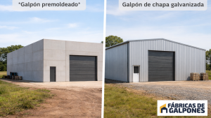 En la imagen se ve un galpon de chapa en frente a un galpon premoldeado