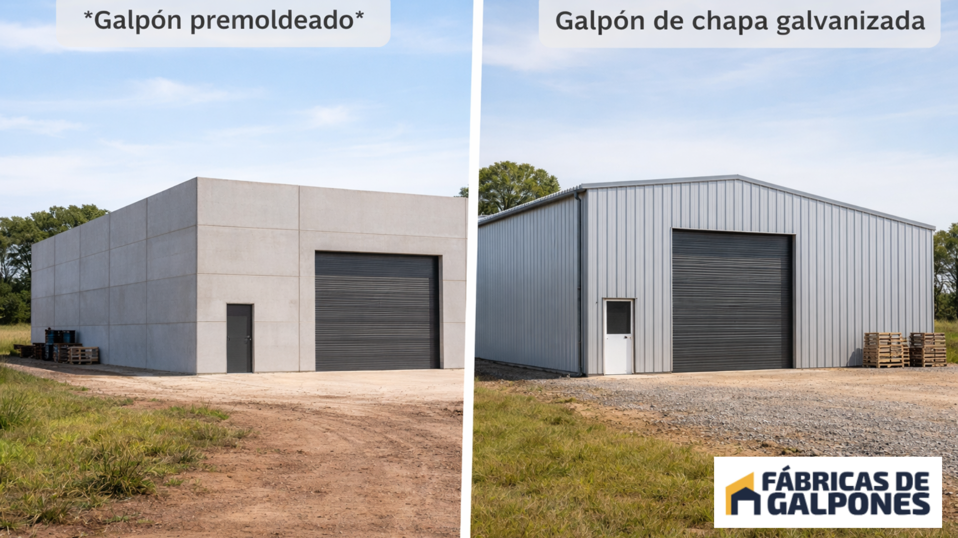 En la imagen se ve un galpon de chapa en frente a un galpon premoldeado