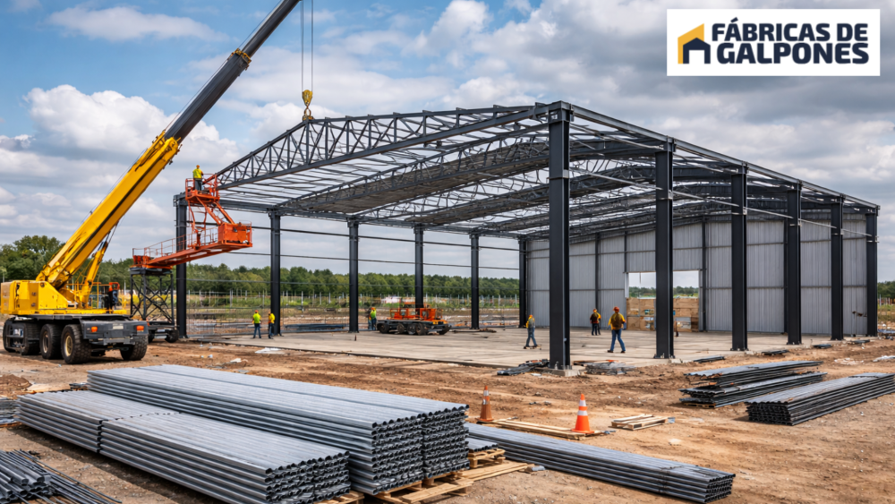 En la imagen se ve un galpon en construccion