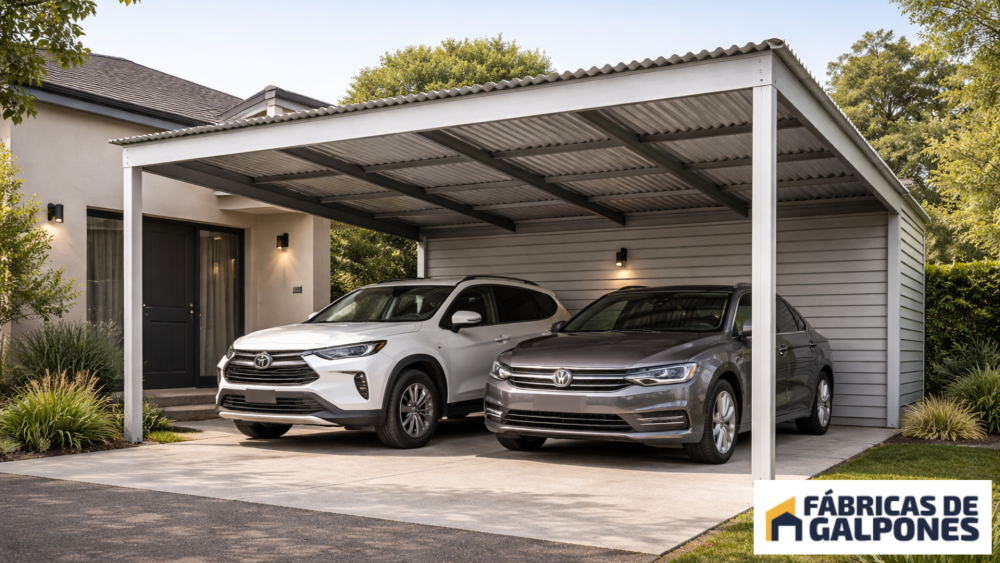 En la imagen se ve un tinglado casas con dos autos