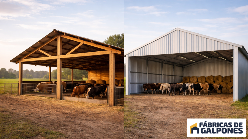 En la imagen se ve una comparación entre un tinglado de madera y chapa galvanizada